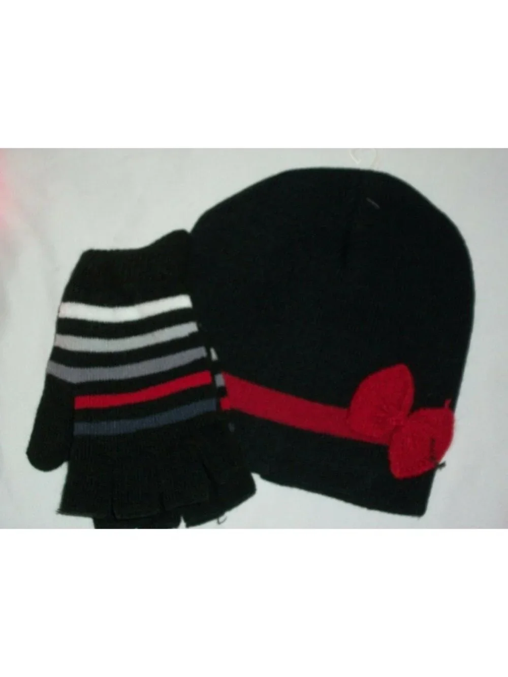 Black Red Bow Winter Beanie Gloves Mittens Set Hat Cap Knit  Girl's Child's